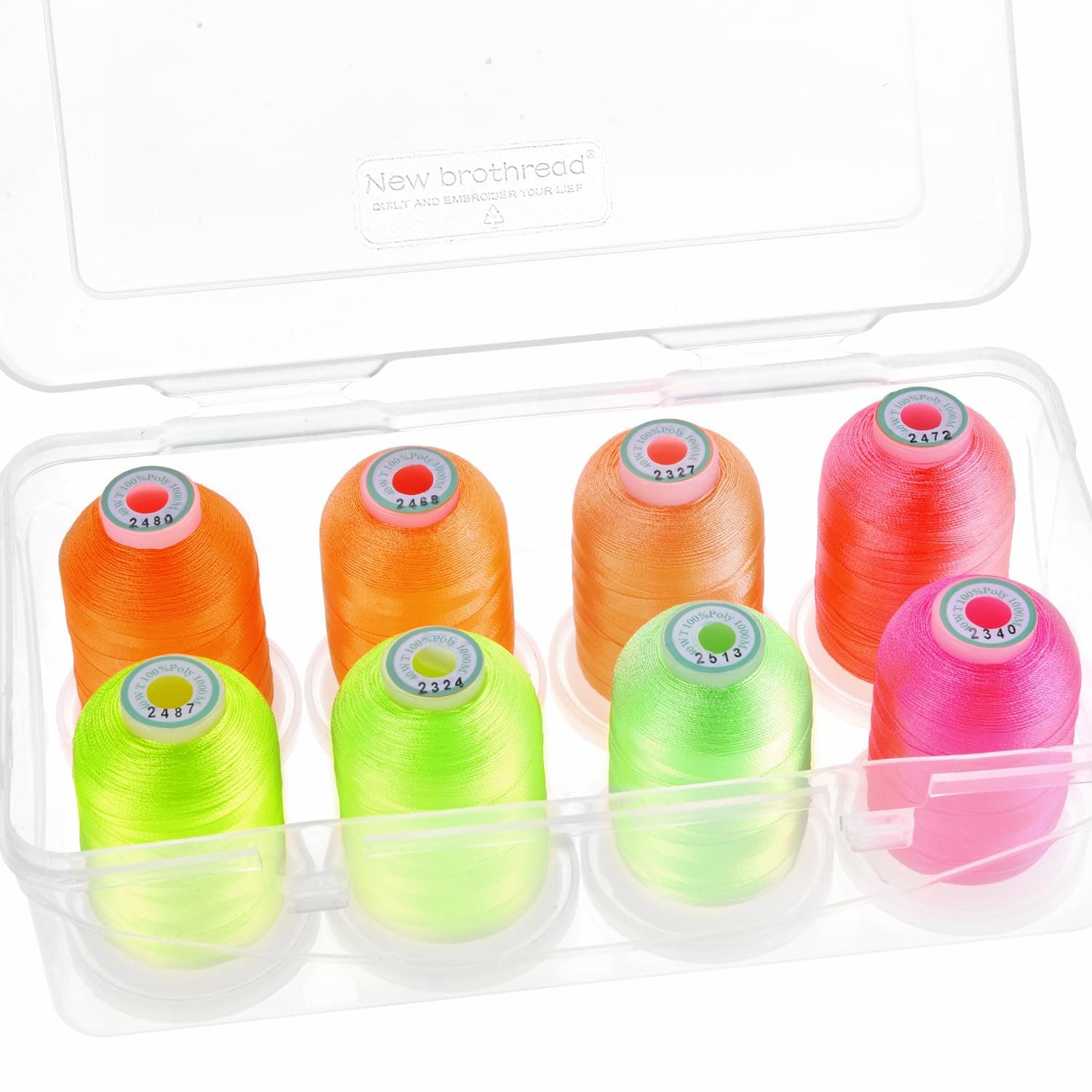 New brothread - 20 Options - 8 Snap Spools of 1000m Each Polyester Embroidery Machine Thread with Clear Plastic Storage Box for Embroidery & Quilting - Neon Color