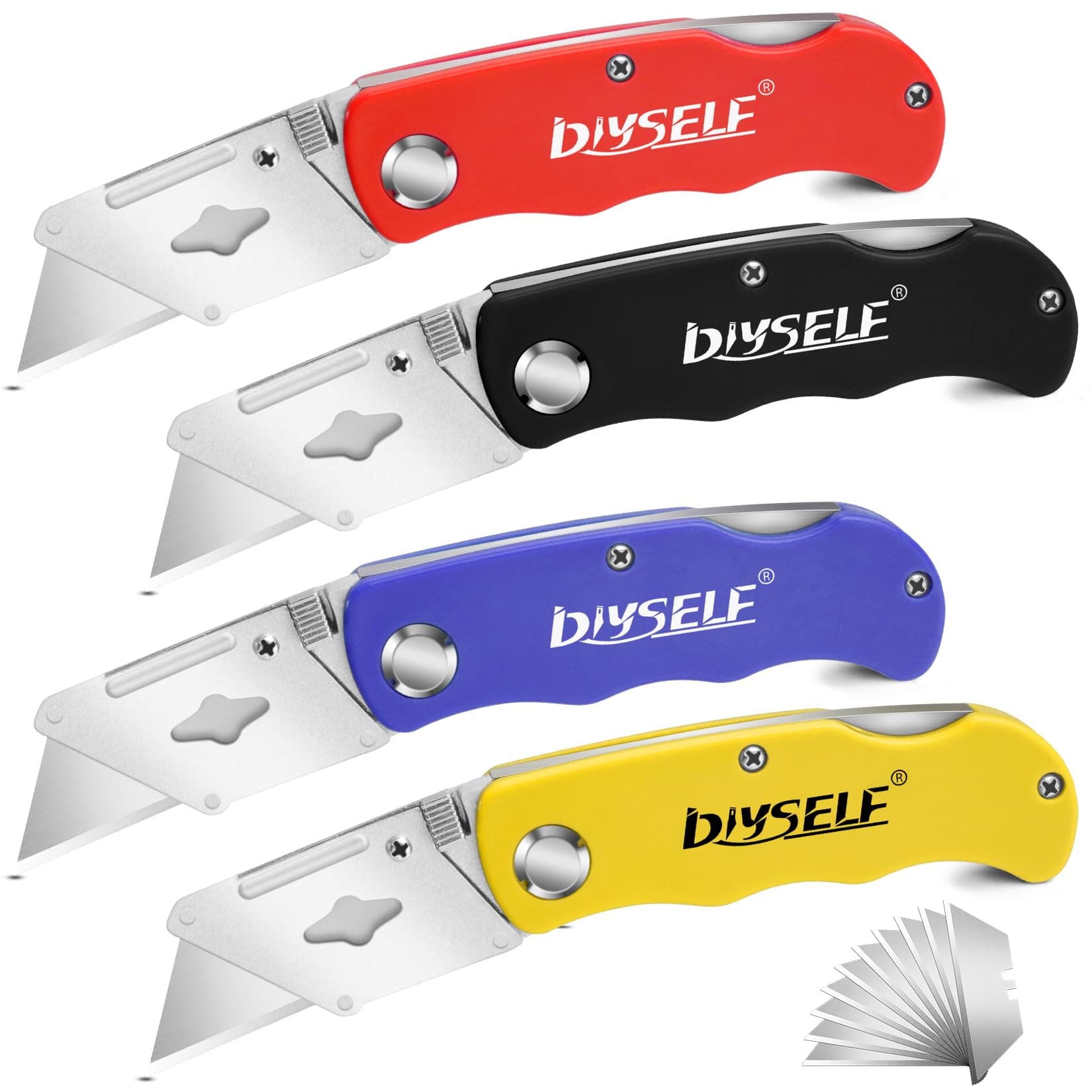 DIYSELF 4 Pack Utility Knife, Box Cutters for Light Duty Purposes, Razor Knife Utility, Box Cutter Knife for Cartoon, Cardboard, Folding Utility Knife for Warehouse, Shop, Box Cutter for Women