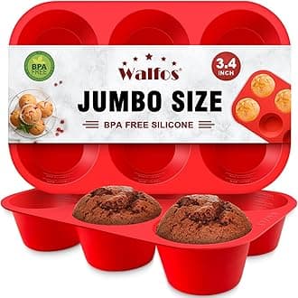 Walfos Silicone Texas Muffin Pan Set- 6 Cup Jumbo Silicone Cupcake Pan, Non-Stick Silicone, Just PoP Out! Perfect for Egg Muffin, Big Cupcake - BPA Free and Dishwasher Safe, Set of 2
