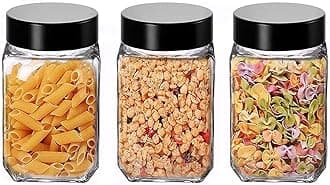 Vency Piramal Glass Cubical Square 300ml Transparent Glass Jars & Containers for Kitchen Pantry, Snacks, Masala, Pickles, Dry Fruits, Coffee Beans Storage with Black Plastic Lid (300ml, Set Of 3)