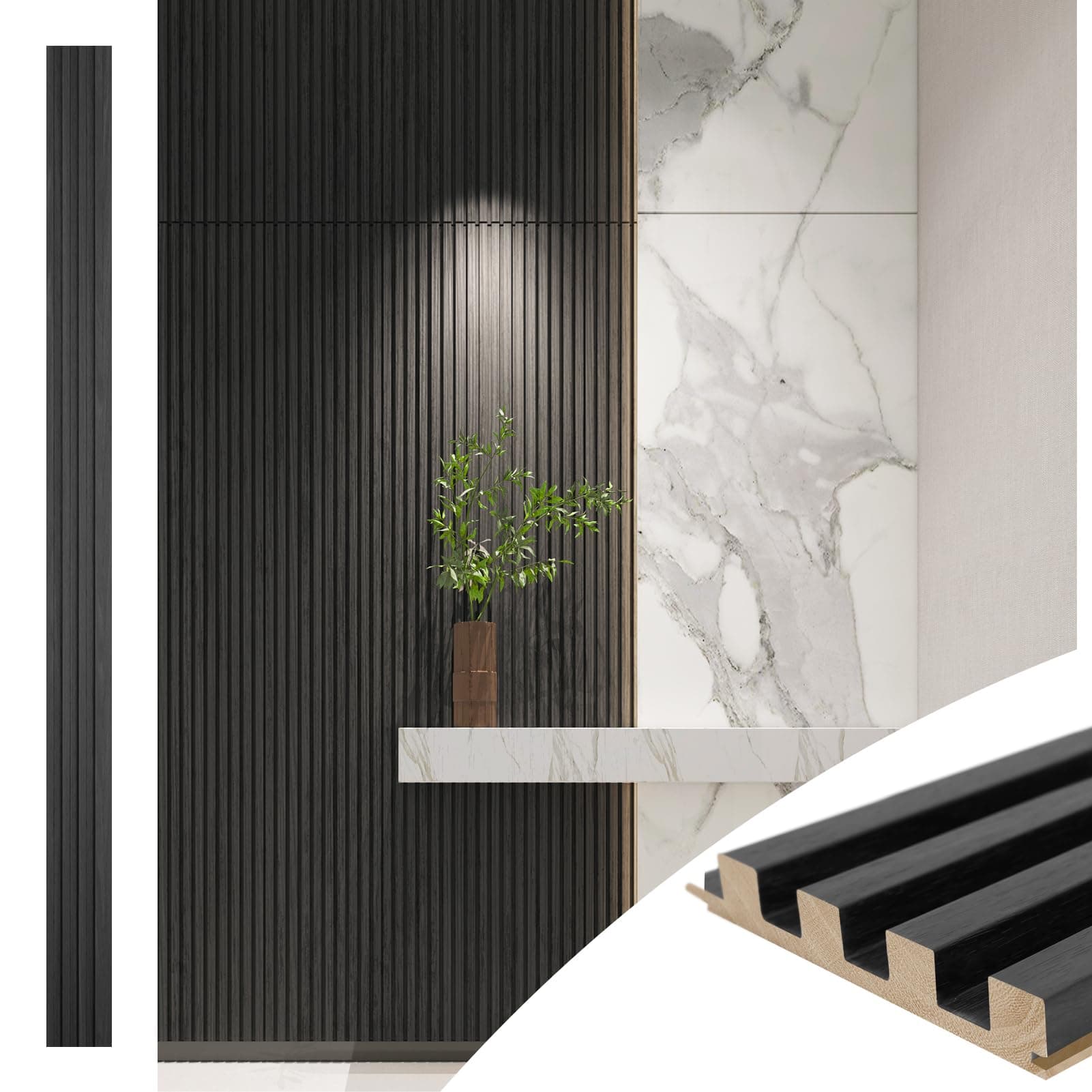 Art3d Slat Wood Wall Paneling for Interior and Ceiling Decoration - Pack of 4pcs + 1pc End-Trim, Size 108 x 5.7in.- Black