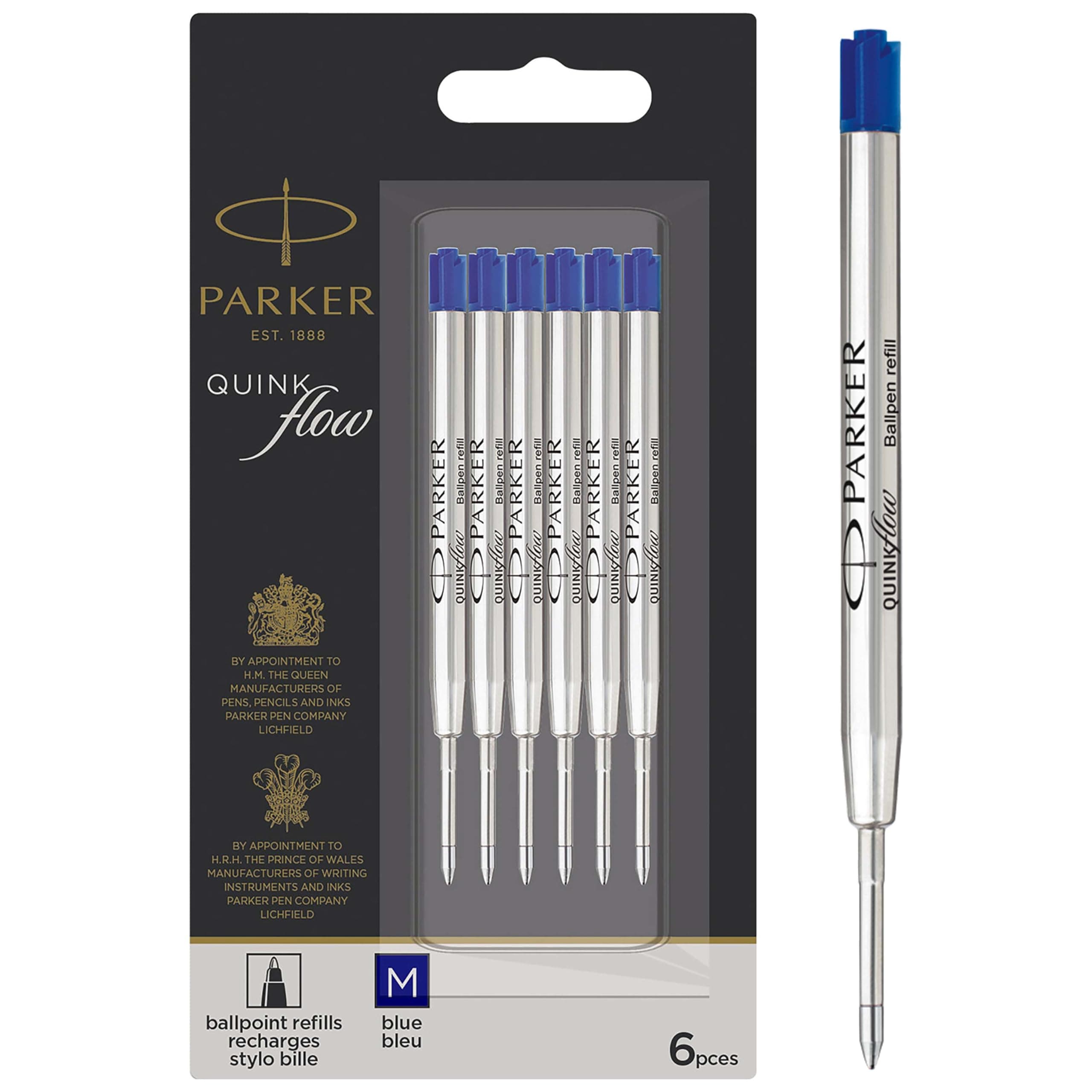 Parker Quinkflow Ballpoint Pen Ink Refills, Medium Tip, Blue, 6 Count Value Pack (2025156)