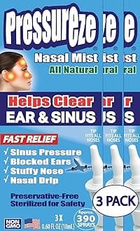 Pressureze All Natural Preservative-Free Sterile Nasal Spray - Fast Relief Nasal Spray - for Sinus Allergies, Loud Snoring & Congestion | 130 Sprays, 18 ml (Pack of 3)