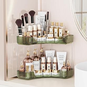 2-Tier Corner Bathroom Counter Organizer with Top Toothbrush Holders,Large Makeup Organizer Countertop with Brush Holder,Skincare Organizers Corner,Exquisite Vanity Organizer(Green, 2 Tier)