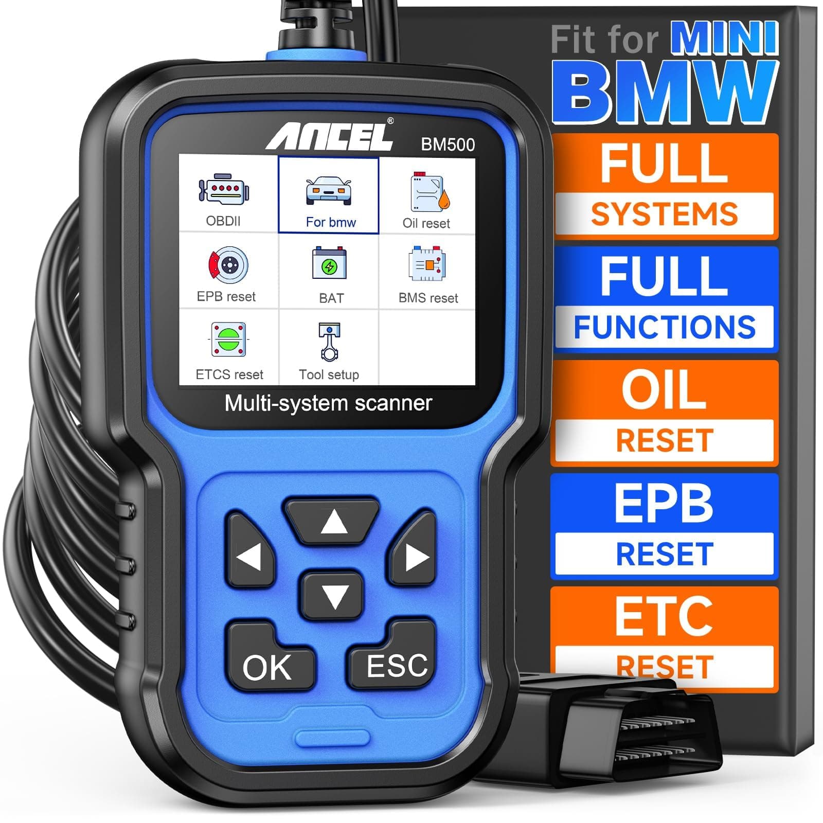 BM500 OBD2 Scanner for BMW & MINI, Simplified Battery Registration, EPB, Oil, Throttle, PCM Resets, I/M Readiness, Full System Diagnostics for Engine, Transmission, ABS, SRS, DSC & More