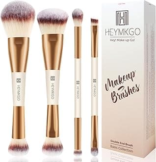 HEYMKGO 4PCS Double End Kabuki Makeup Brushes - Apricot - Synthetic & Natural Bristles - Foundation, Powder, Blush, Contour, Concealer, Eyeshadow - Makeup Brush Set