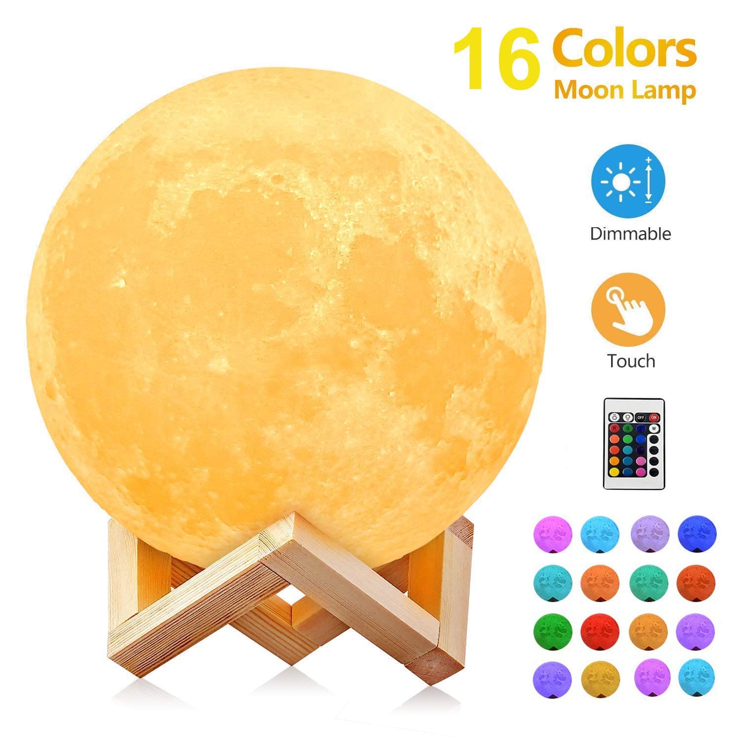 Moon Light, 5.9 inch 3D Moon Lamp 16 Color Switchable by Remote & Touch Control, Dimmable Large Moon Light with Stand, USB Rechargeable Night Lights for Kids Bedroom Decoration Birthday Christmas Gift