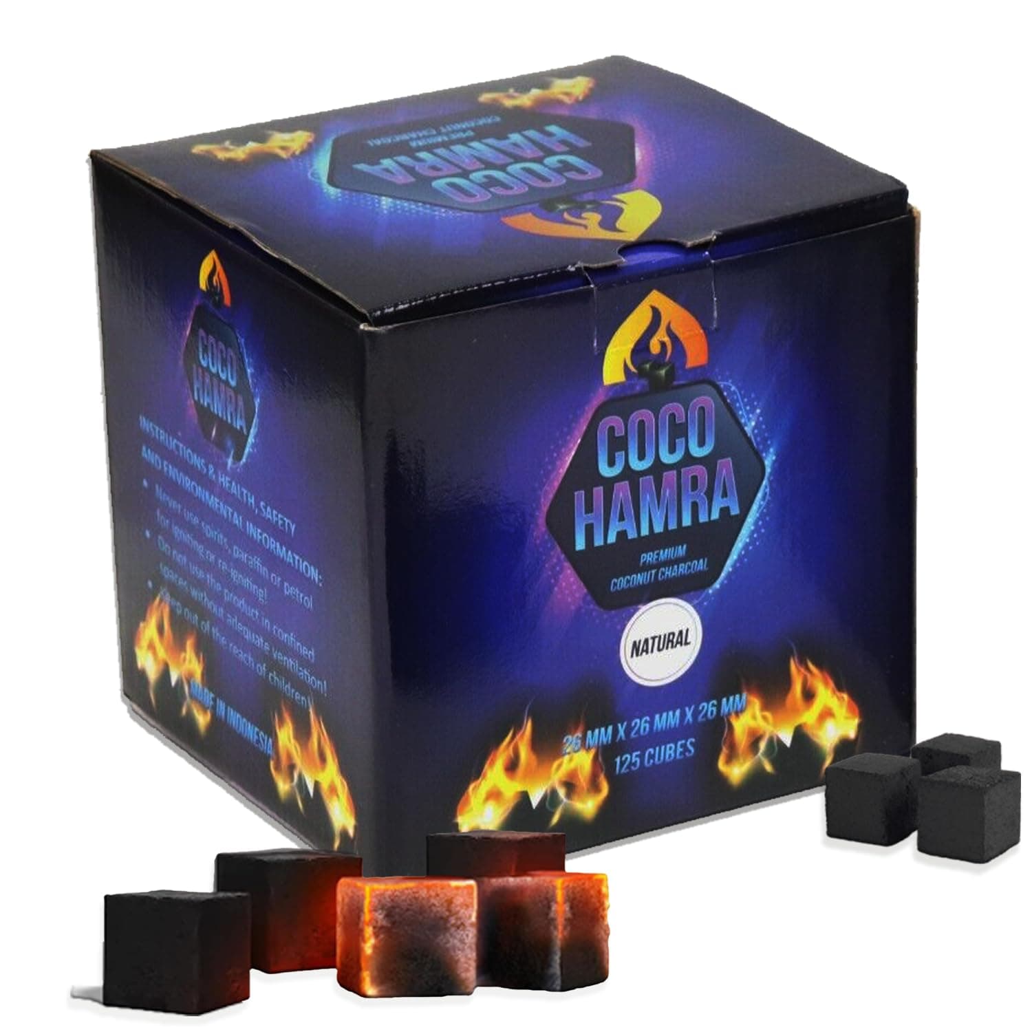 125 Pcs 2KG Natural Coconut Hookah Charcoal Flat Cubes | Large 26MM x 26MM Cube| Premium Quality Shisha Nargileh BBQ Coals- Multipurpose- (Made in Indonesia)