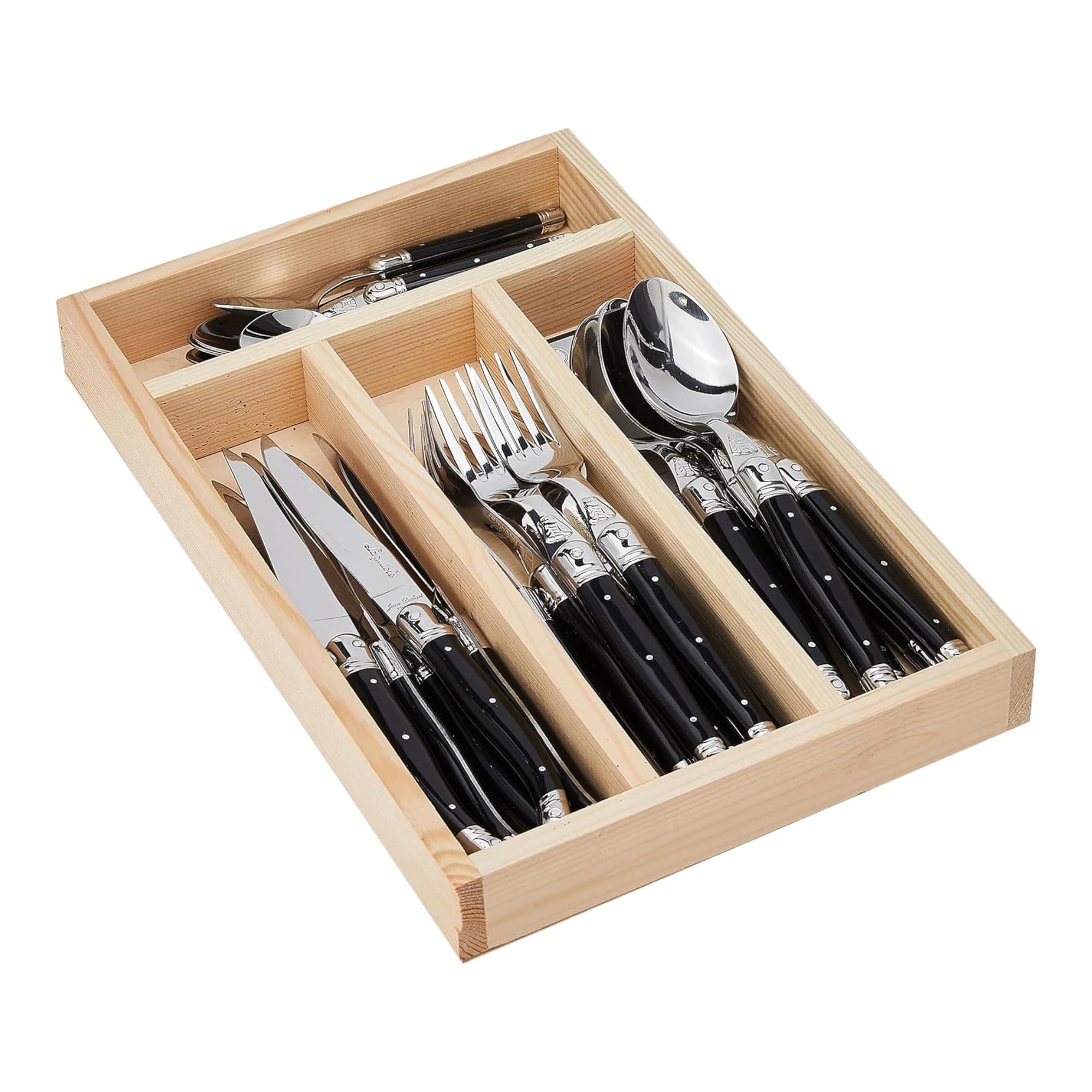 Laguiole 24-Piece Everyday Flatware Set, Black Handles - Rust-Resistant Stainless Steel - Includes Wooden Tray - Made in France