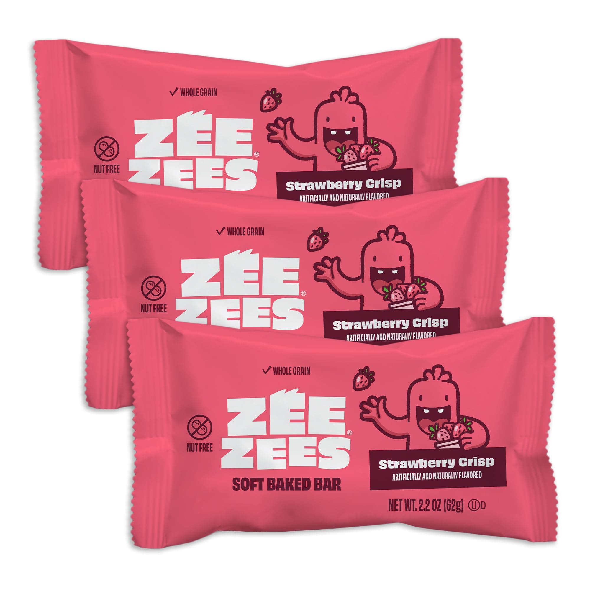 Zee Zees Strawberry Crisp Soft Baked Snack Bars, 2.2 oz, 24 pack, Nut Free, Whole Grain, Safe for School, On-The-Go, Kosher, Allergy Friendly