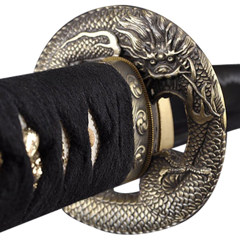 Handmade SwordFully Practical Samurai Katana Sword, Dragon Tsuba, 1045 Carbon Steel, Hand Forged Heat Tempered, Full Tang, Sharp, Red Black Scabbard