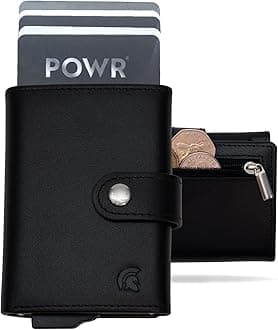 POWR Men's Black Minimalist RFID Blocking Wallet with Coin Compartment, Holds 8 Cards, Zipper Closure