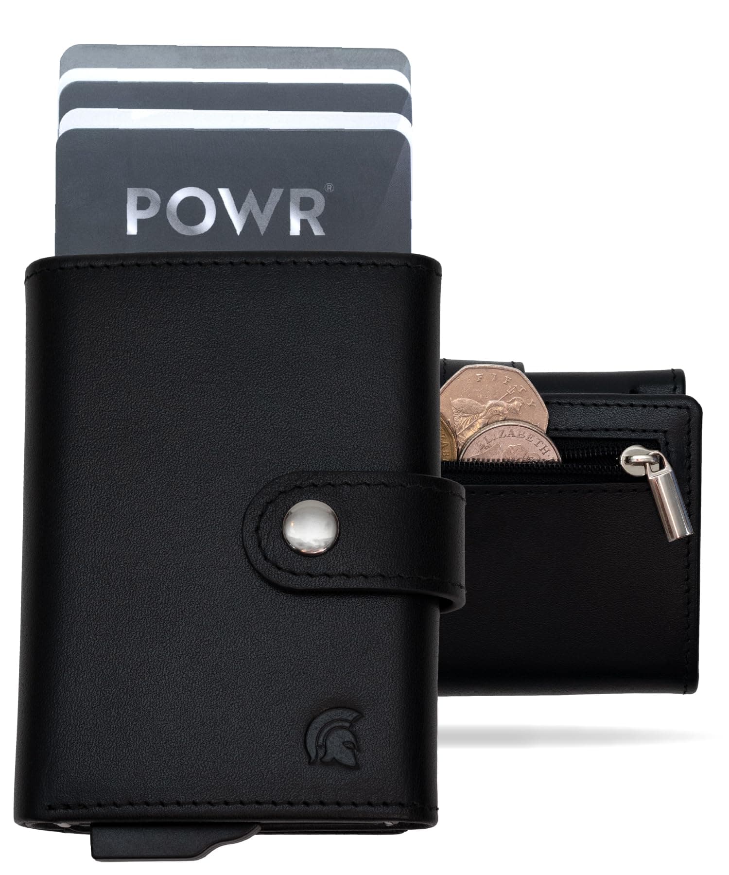 POWR Men's Black Minimalist RFID Blocking Wallet with Coin Compartment, Holds 8 Cards, Zipper Closure