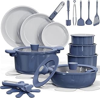 CAROTE 27pcs Ceramic Cookware Set Nonstick, Pots and Pans Set Non Stick, Non Toxic Cookware Detachable Handles, Dishwasher/Oven Safe, RV/Camping Cookware, Pan and Pot with Kitchen Utensils, Navy Blue