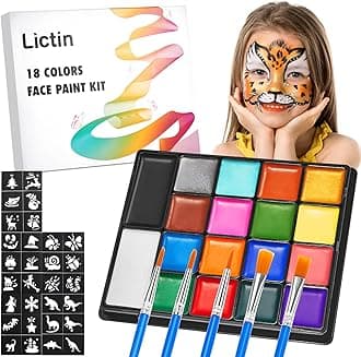 Lictin Face Body Painting Kit, 18 Colors Rainbow Body Paint for Kids Adults, Safe & Non-Toxic Water Based Split Cake Face Paint Palette with 5 Brushes, Party Makeup Set for Halloween Christmas Cosplay