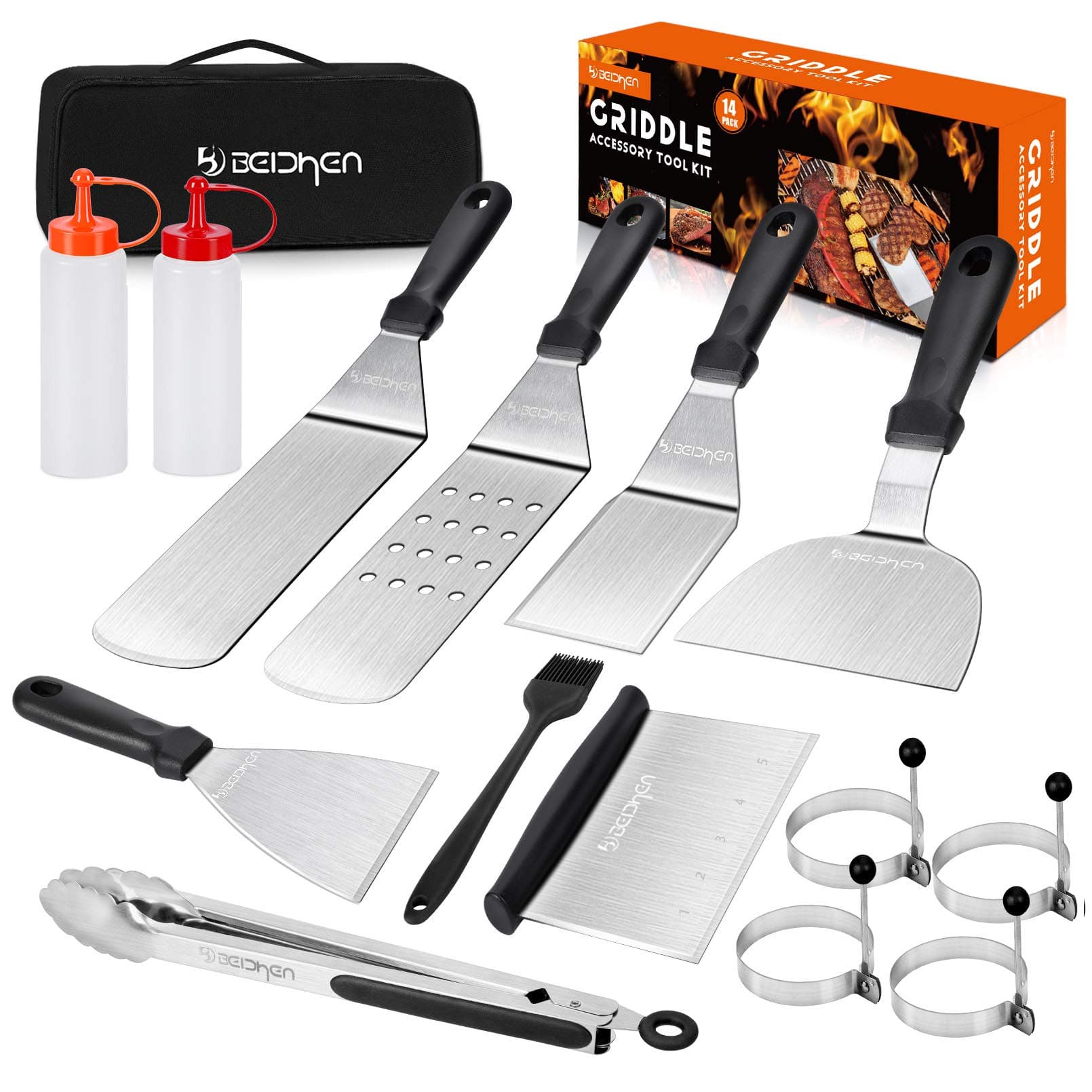 Griddle Accessories Kit, 14 Pcs Stainless Steel Griddle Grill Tools Set Blackstone and Camp Chef, Professional Grill Spatula Set for Men Women Outdoor BBQ and Camping