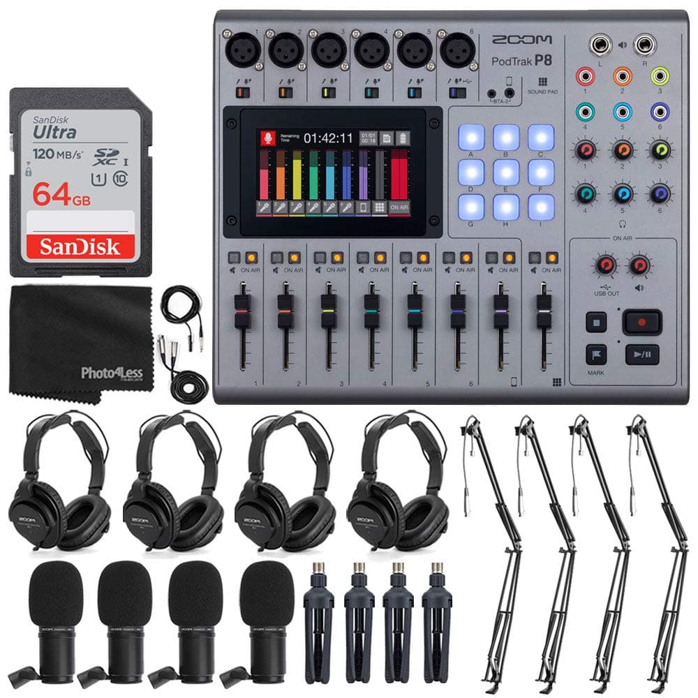 Zoom PodTrak P8 Multitrack Podcast Recorder + Zoom ZDM-1 Podcast Mic + Headphones + Windscreens + Tabletop Stands + 64GB Memory Card - Ultimate Podcasting Bundle (4 Person Pocasting Bundle)
