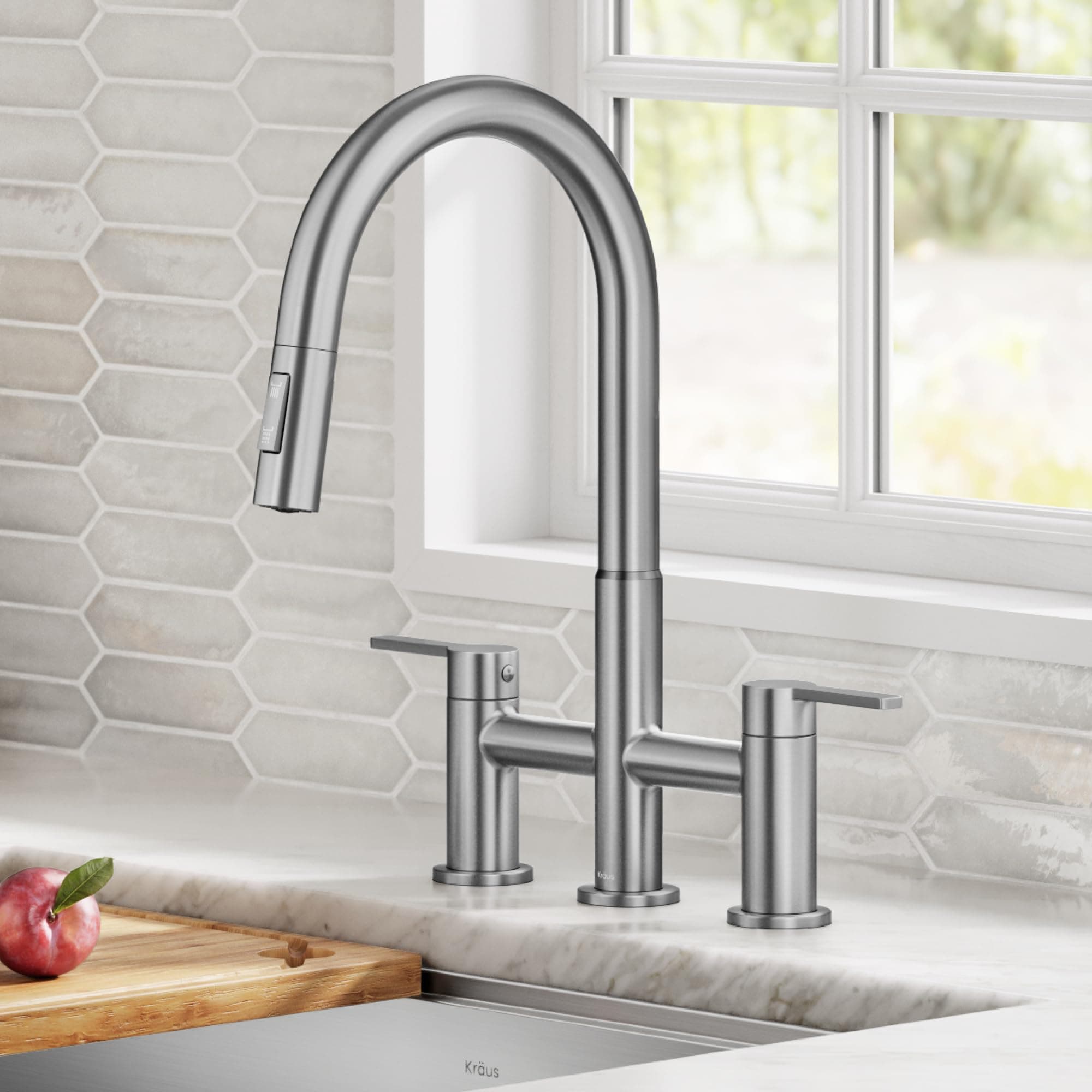 KRAUS Oletto Bridge Kitchen Faucet with Pull-Down Sprayhead in Spot-Free Stainless Steel, KPF-3122SFS