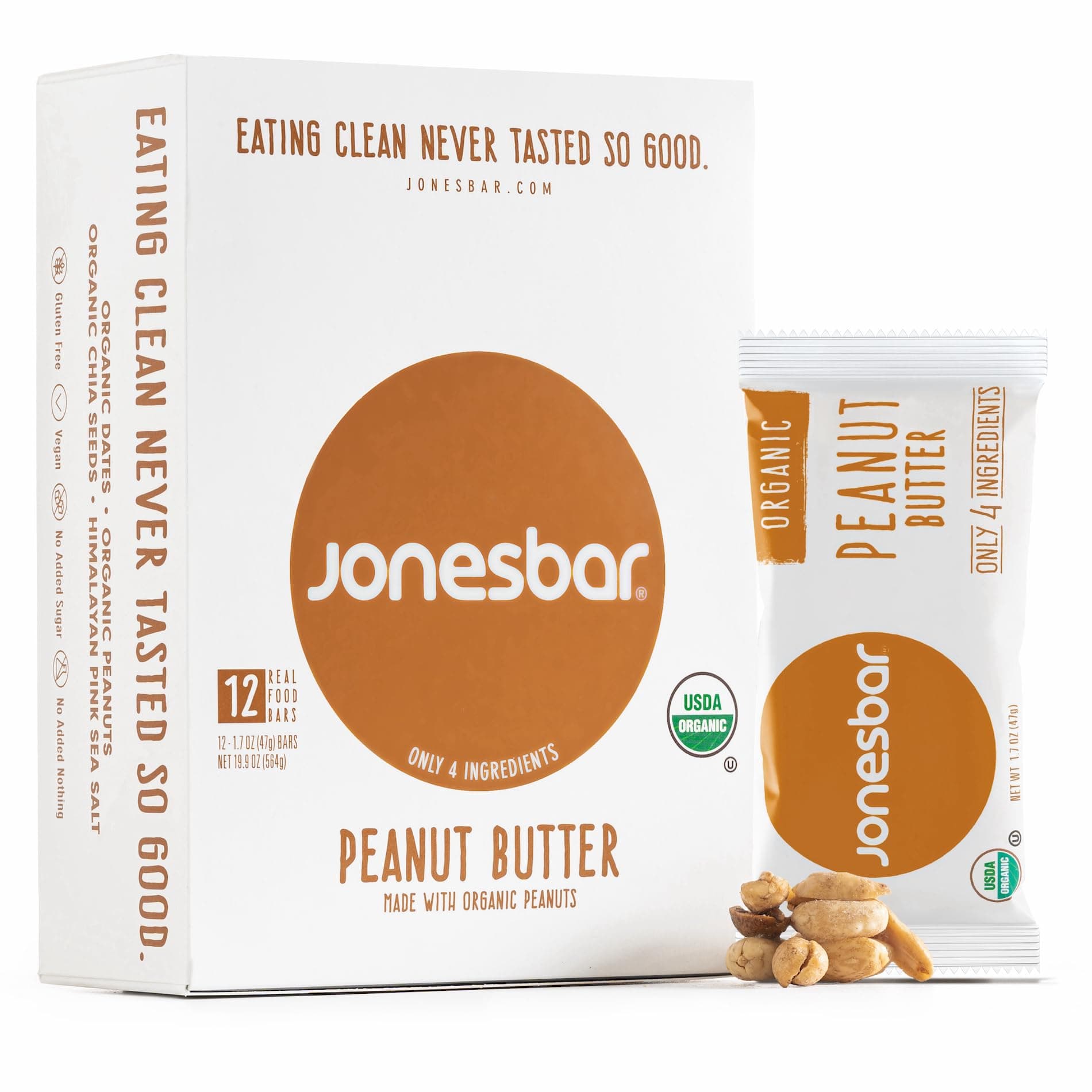 JONESBAR Organic Plant Based Protein Bars | Peanut Butter | Fruit & Nut Bar, Kosher, Gluten Free, Breakfast Bars, School Snacks, Vegan Snack & Healthy Snacks for Adults and Kids (Pack of 12)