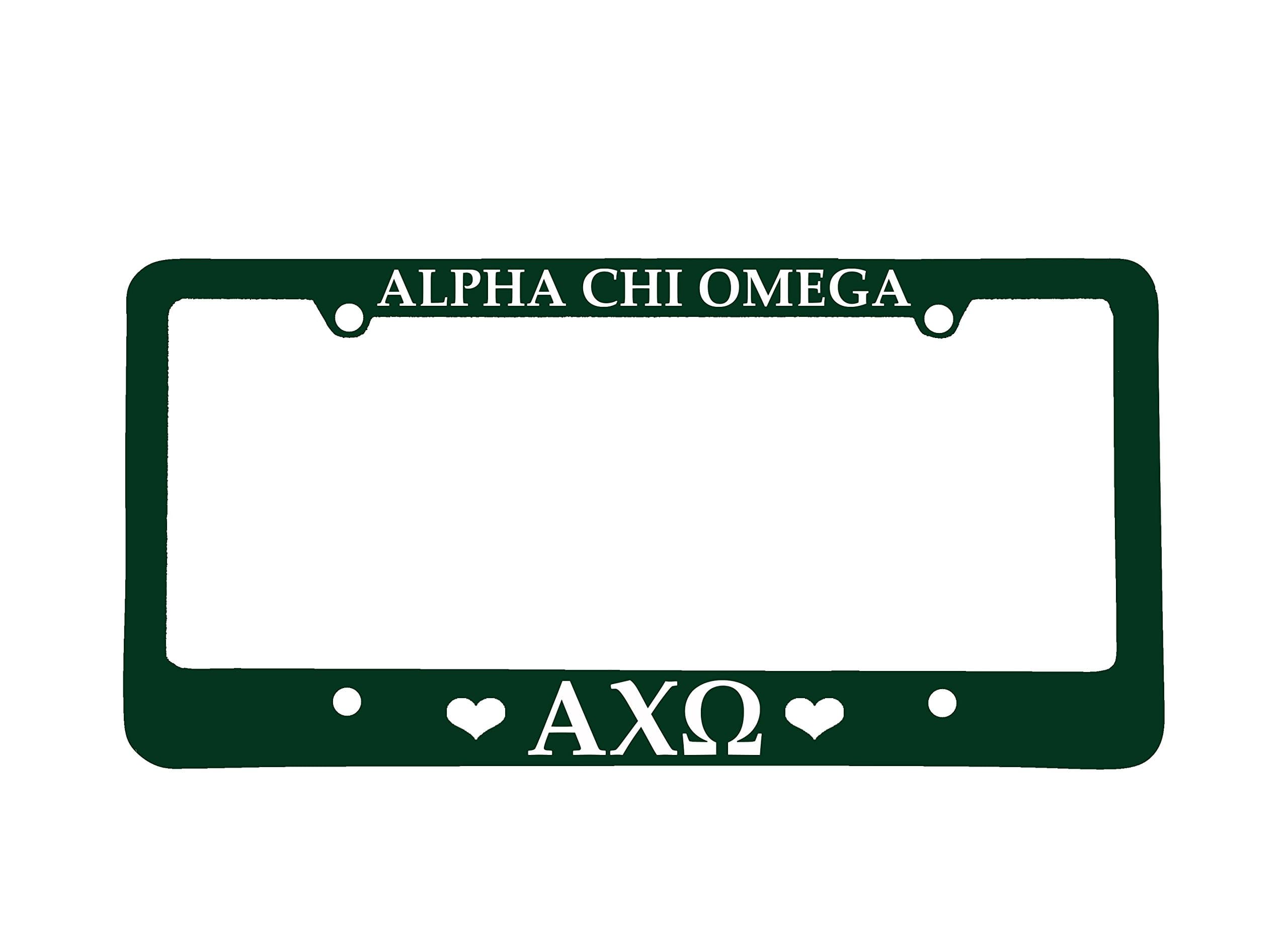 Officially Licensed Alpha Chi Omega License Plate Frame - Forest Green with Hearts