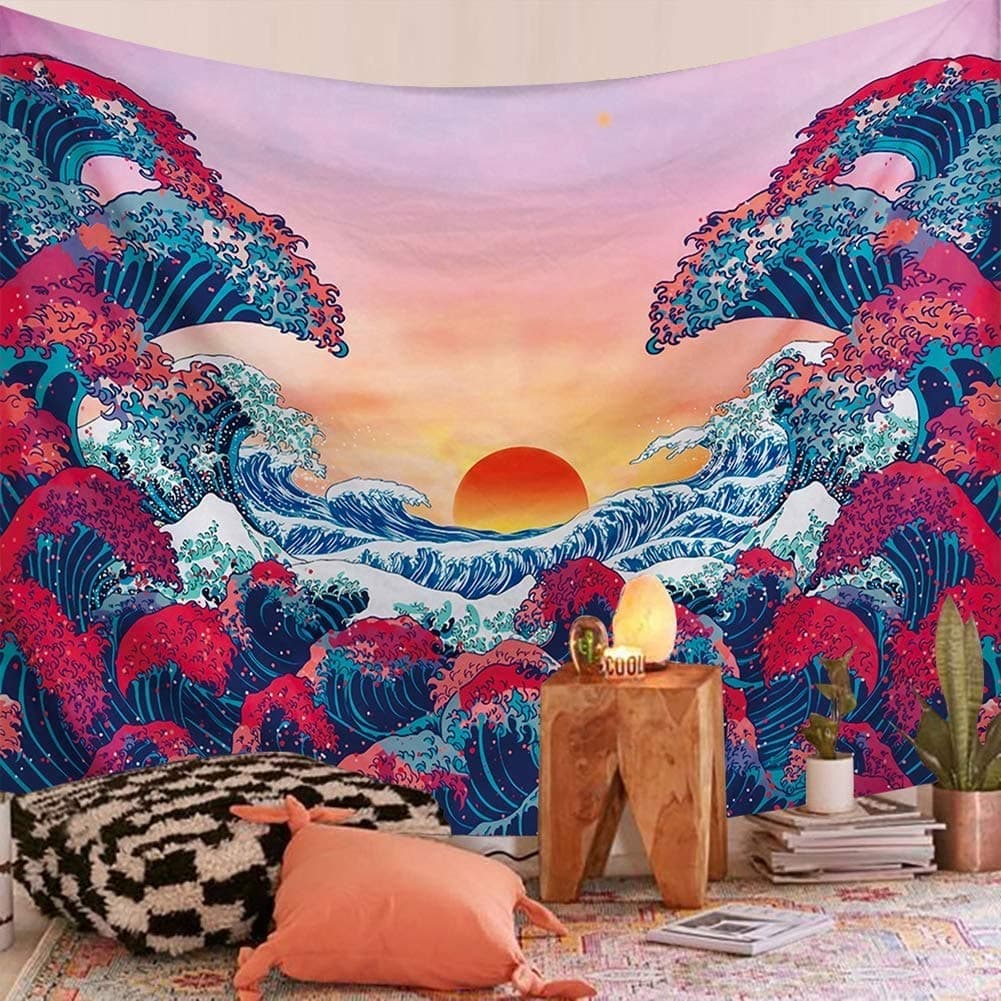 Rcbmn Ocean Wave Tapestry Sunset Tapestry 3D Great Wave Tapestry Japanese Tapestry for Room (Ocean Wave, 51.2" x 59.1")
