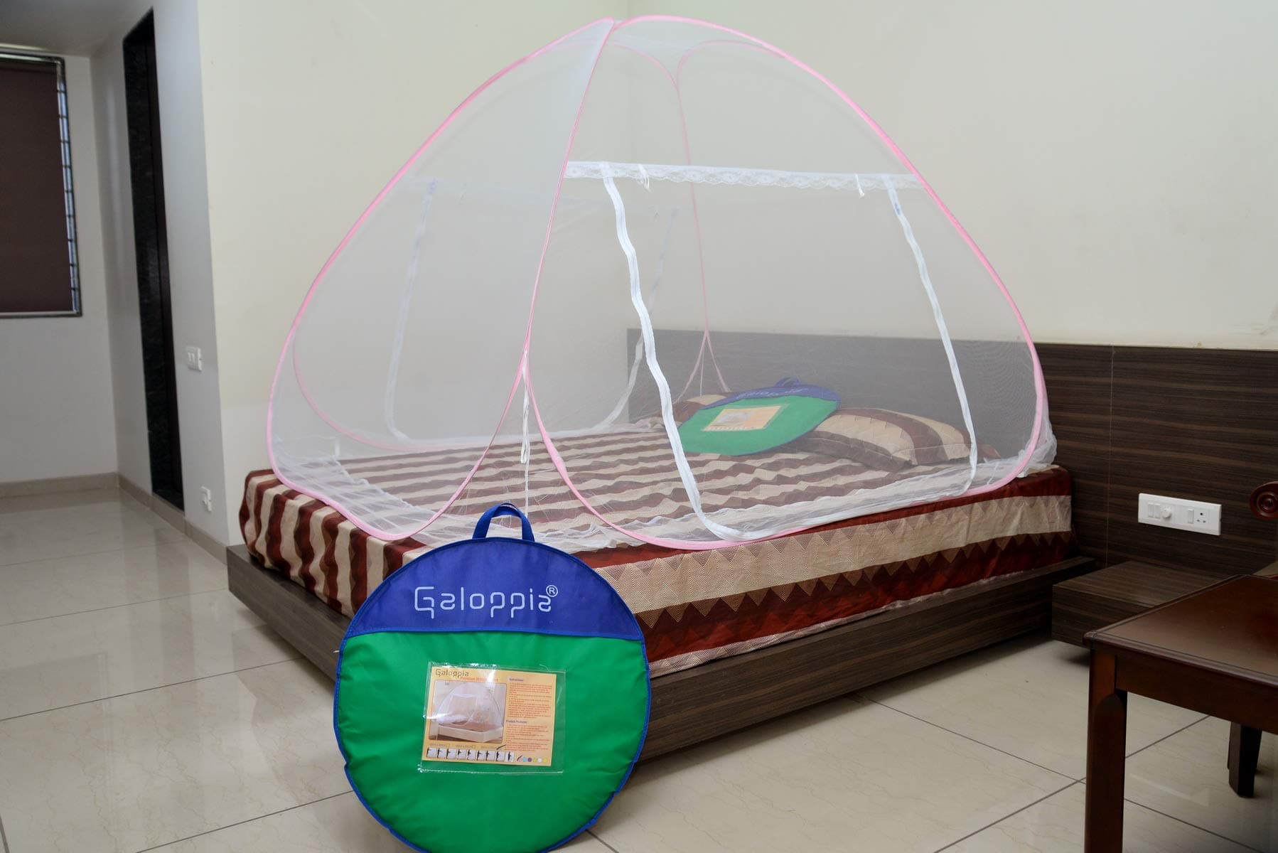 Galoppia Foldable Mosquito Net for Double Bed Strong 30GSM, High Durability, Foldable, Corrosion Resistant, Lightweight(King Size (6ft to 6.9ft) x (6ft to 6.9ft), Pink)