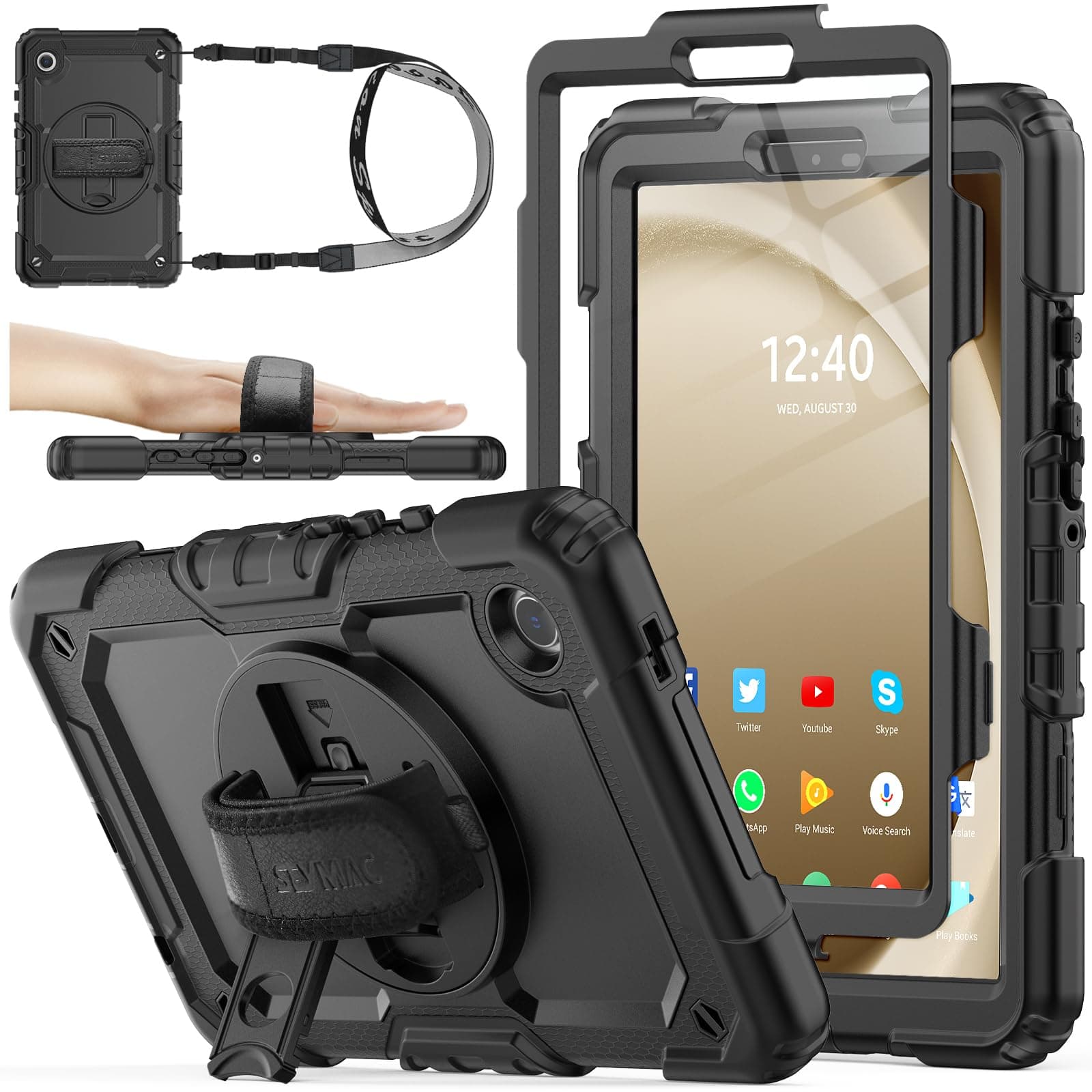 Case for Samsung Galaxy Tab A9 8.7'', Full-Body Drop Protection Case with Screen Protector Pencil Holder [360° Rotating Hand Strap] &Stand, Black