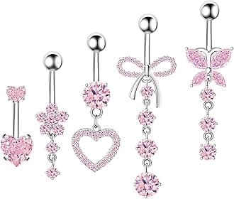 Belly Button Ring with Belly Button Pendant Jewelry Cute Pink CZ Heart Butterfly Flower Belly Button Piercing for Women 14G Silver Stainless Steel Delicate Hanging Piercing