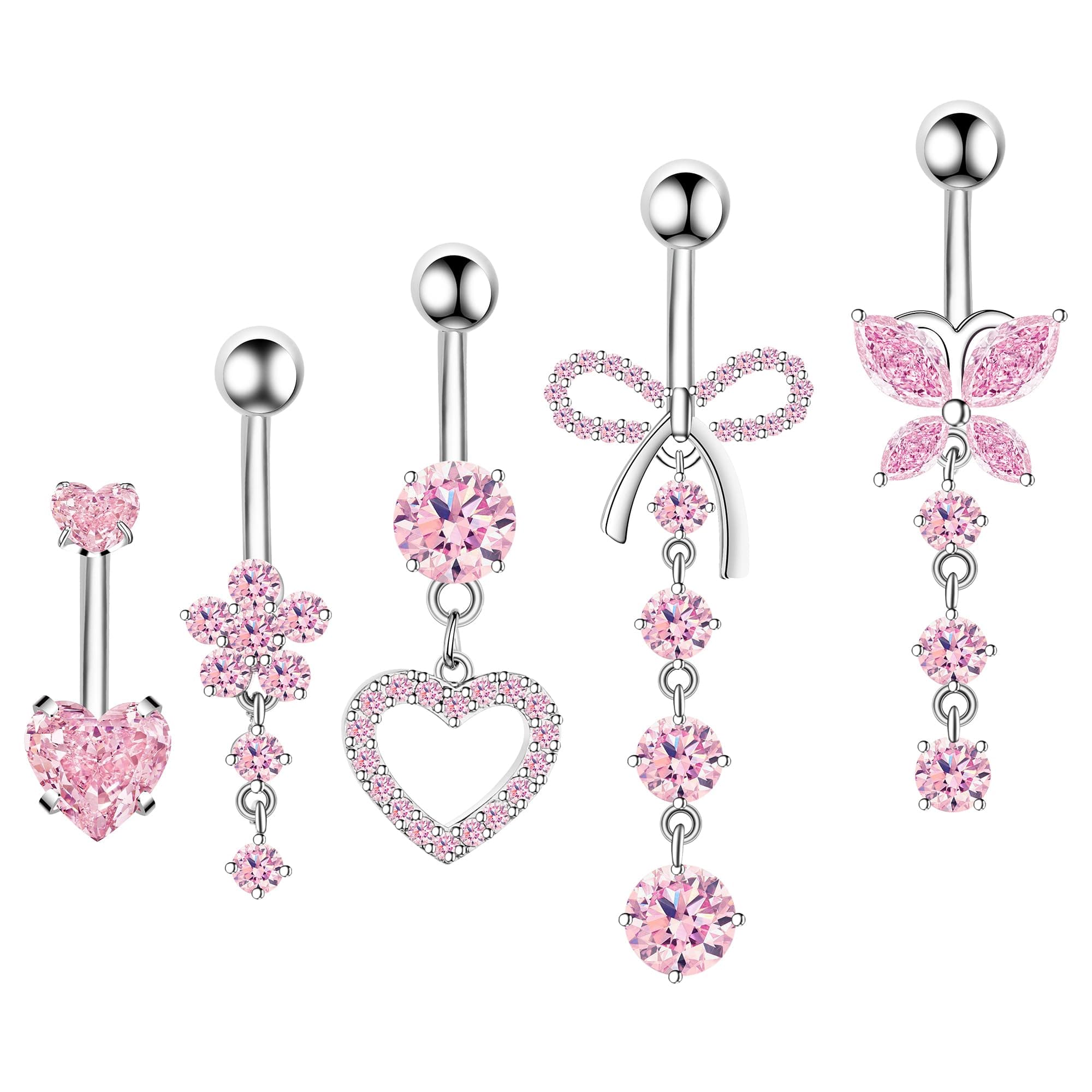 Belly Button Ring Dangle Navel Belly Piercing Jewelry Cute Pink CZ Heart Butterfly Bow Flower Navel Belly Rings for Women 14G Silver Stainless Steel Dainty Dangly Dangling Belly Button Piercing