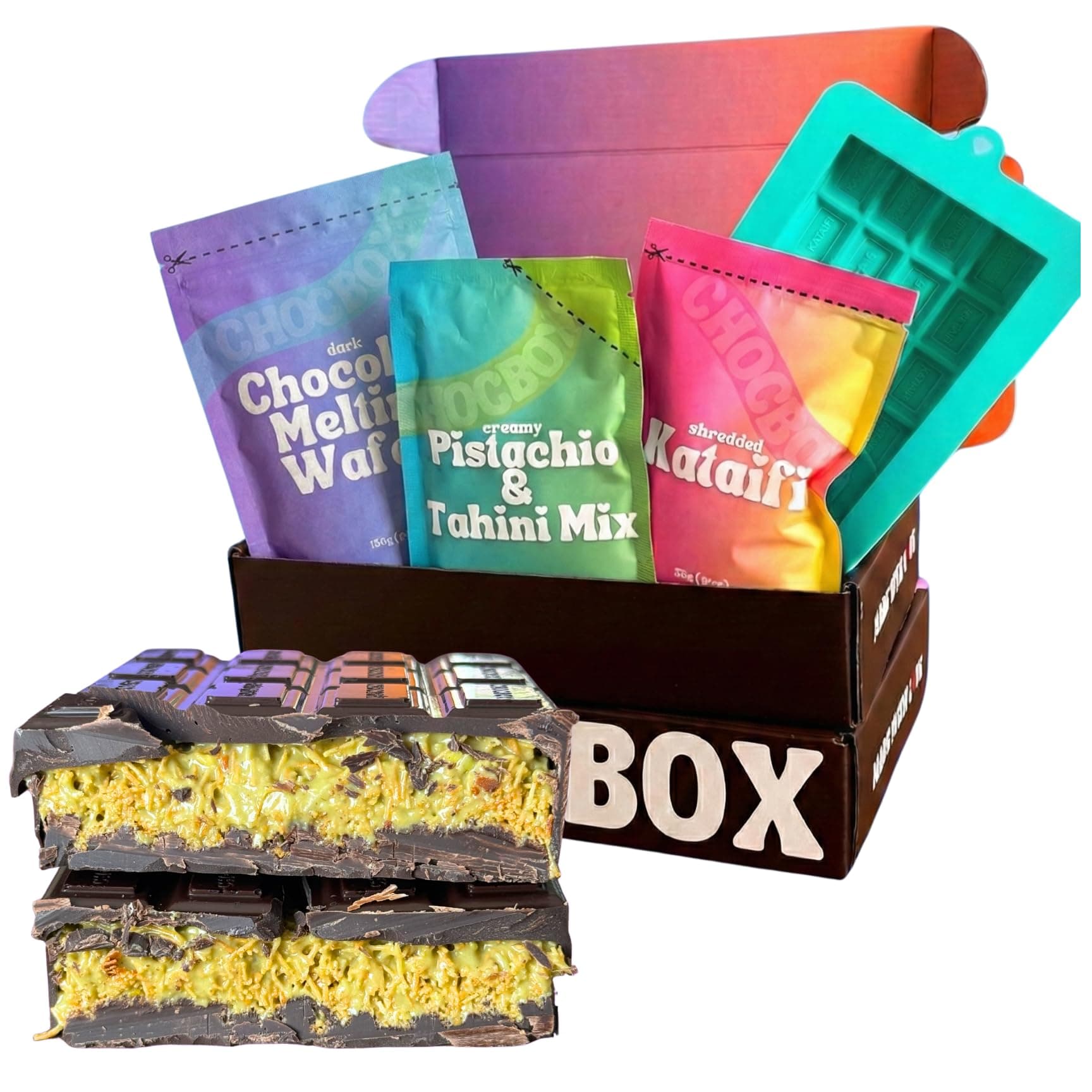Viral Dubai Dark Chocolate Bar Kit - Includes Chocolate Mold, Choc Wafers, Shredded Kataifi, Pistachio Cream - DIY Gift Box Dubai Kit - Great Gift for Choco Lovers