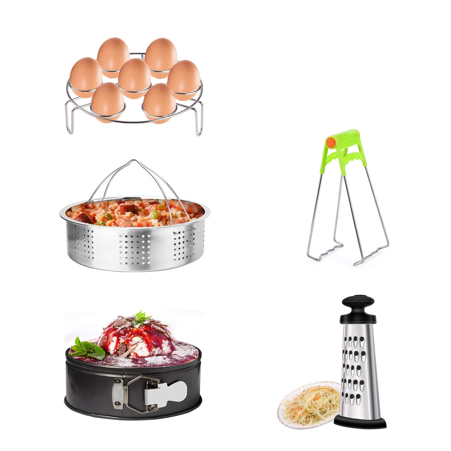 MARKKEER Pot Accessories Set Steamer Basket, Egg Steamer Rack, Non-Stick Springform Pan, Dish Clip,Box Grater