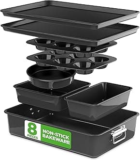 Baking Tray Set, 8-Piece Non-Stick Oven Bakeware, Stackable Trays with Cookie, Loaf, Pizza, Muffin, Cake, Round, Square Pans, Durable Kitchen Set