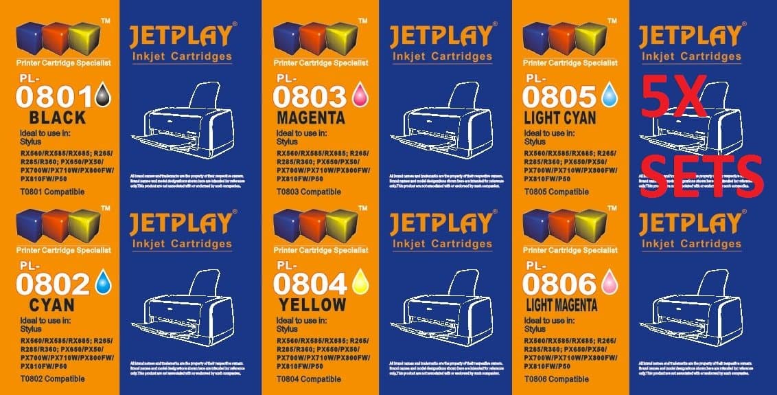 5 FULL SETS JETPLAY 801-806 Series FOR EPSON R285 - 30 COMPATIBLE INK CARTRIDGES ALSO COMPATIBLE WITH EPSON R265, R285, R360 , RX560, RX585, RX685, P50, PX650, PX660, PX700W, PX710W, PX720WD, PX730WD PX800FW, PX810FW, PX820FWD PRINTERS - Double Capacity Latest Chip - PACK CONTAINS (T 801 / Black X5, T 802 / Cyan X5, T 803 / Magenta X5, T 804 / Yellow X5, T 805 / Light Cyan X5, T 806 / Light Magenta X5) JETPLAY Replacements for T0801/T0802/T0803/T0804/T0805/T806