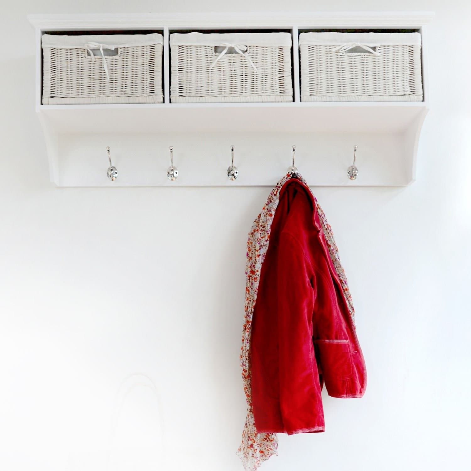 Tetbury Large Coat Rack with white wicker baskets, FULLY ASSEMBLED hallway hanging shelf