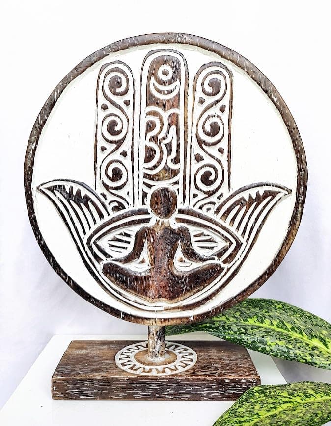 Tamara Artefacts: Home Decor. Table Accent. Large Carved and Hand Painted, Wooden Yoga Hamsa Sculpture.