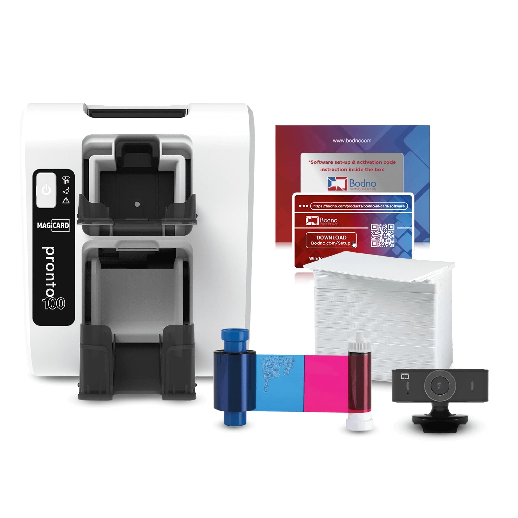 Bodno Magicard Pronto 100 ID Card Printer & Complete Supplies Package with ID Software and Camera - Bronze Edition