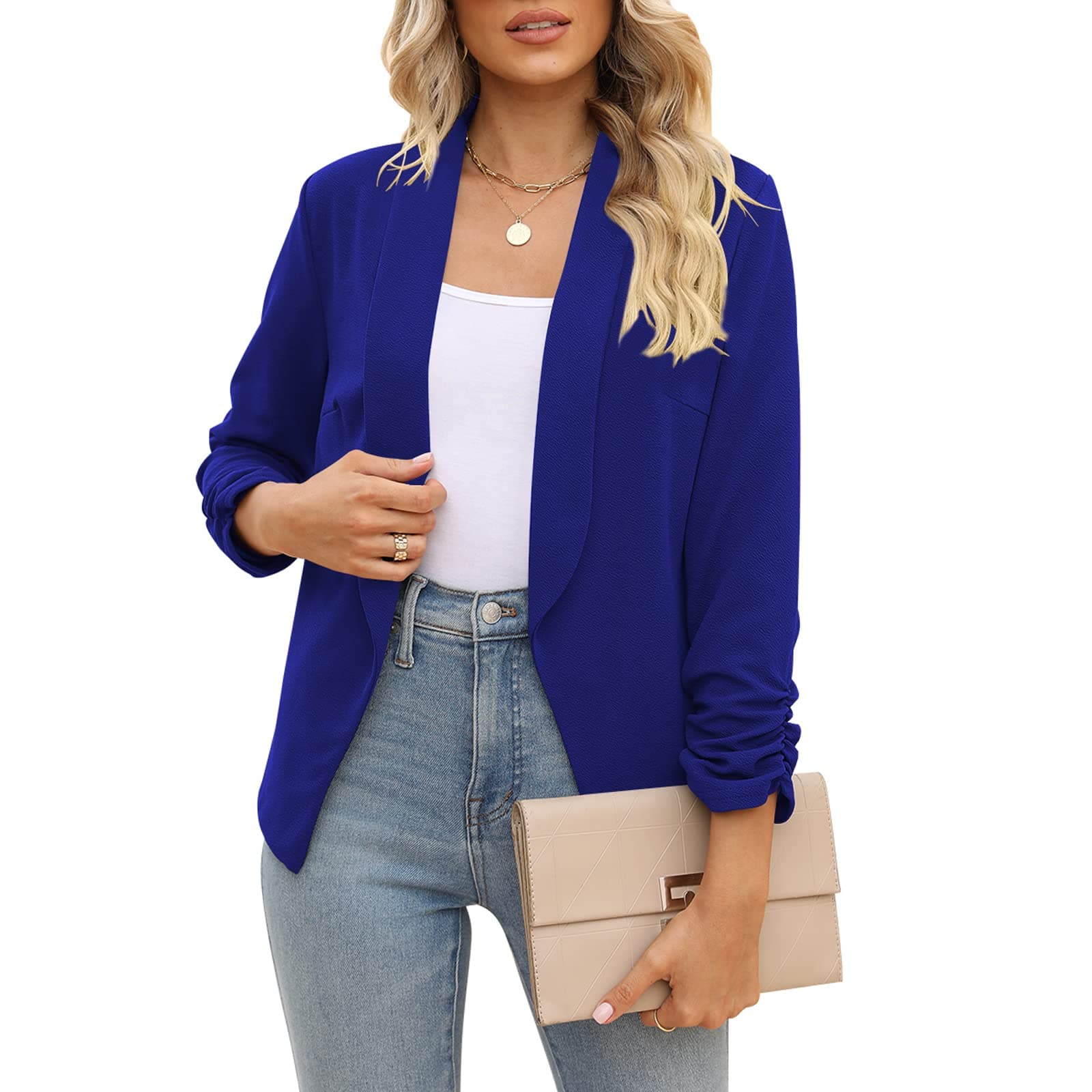 Women 3/4 Sleeve Blazer Open Front Cardigan Jacket Work Office Blazer