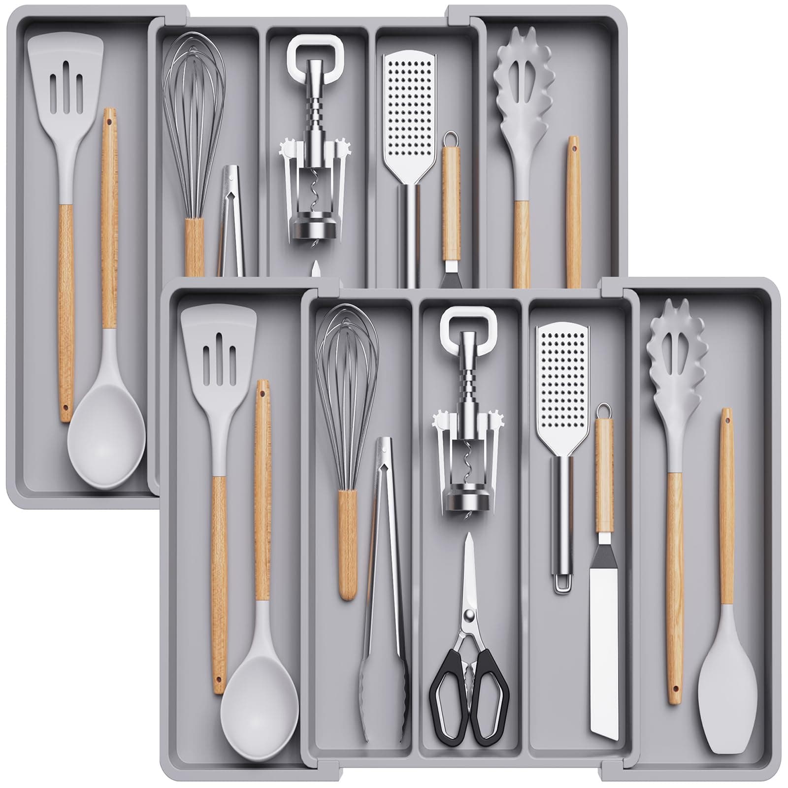 Lifewit Utensil Organizer for Kitchen Drawers, Expandable Cooking Utensil Tray, Adjustable Cutlery Silverware Flatware Holder, Plastic Kitchen Spatula Tools and Gadgets Storage Divider, 2 Pack, Gray