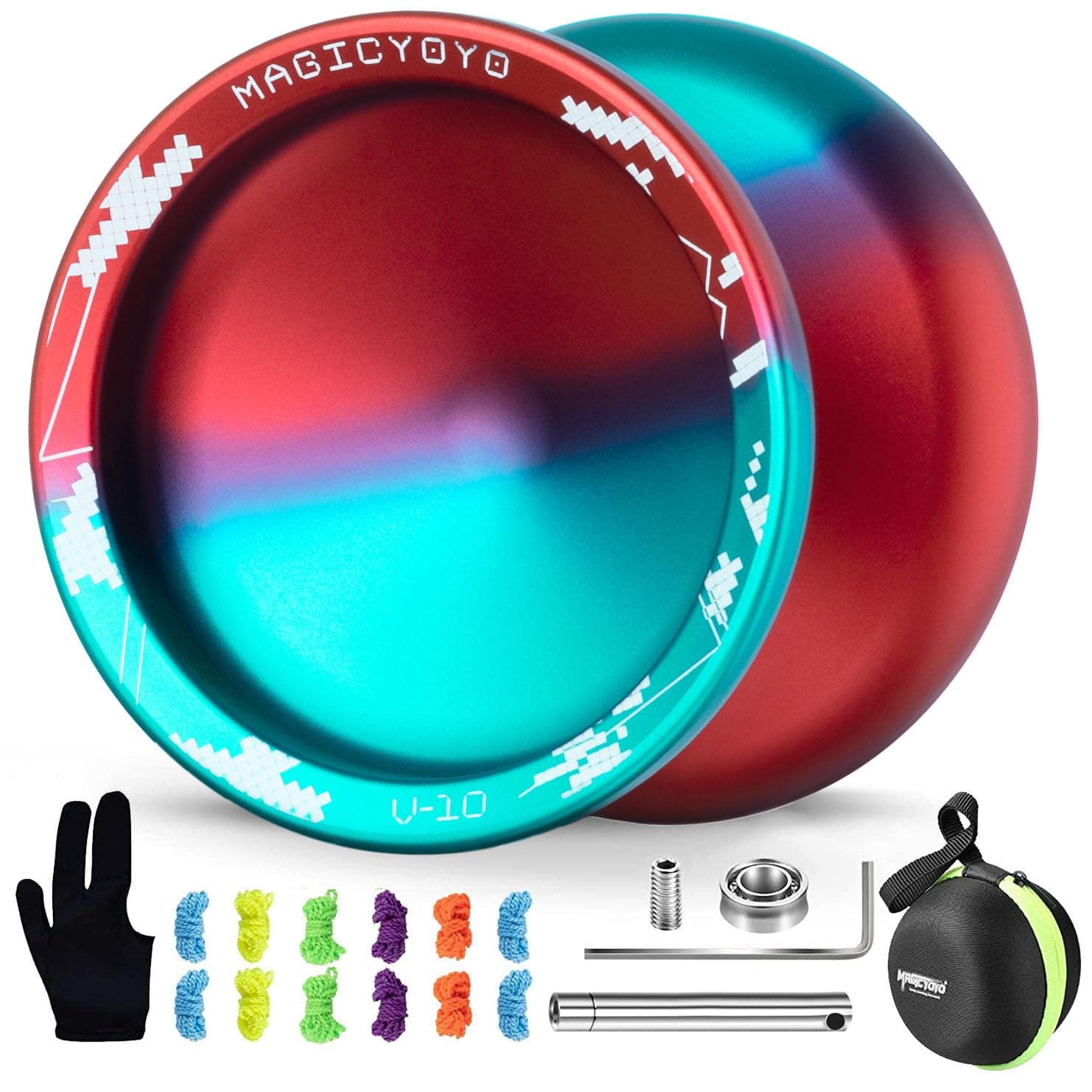 MAGICYOYO V10 Professional Finger Spin Yoyo, Dual Purpose Responsive & Unresponsive Metal Yo Yo for Tricks, Long Spin, Durable Aluminum Alloy Yo-yo with Case, Glove & 12 Yoyo Strings (Blue Red)