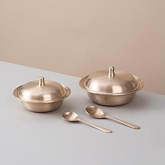 Veda Essentials. Pure Kansa Serving Bowls with Spoons, Set of 2 | Handcrafted Bronze Tableware | Ayurvedic Benefits | Ideal for Serving Dal & Curries | Medium & Large Size