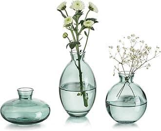 Small Vase for Table Decoration Handmade Glass Vases for Flowers, 3Pcs Green Vintage Bud Vases Aesthetic Mini Vase Set for Kawaii Living Room Decor Bedroom Ornaments Wedding Centrepieces