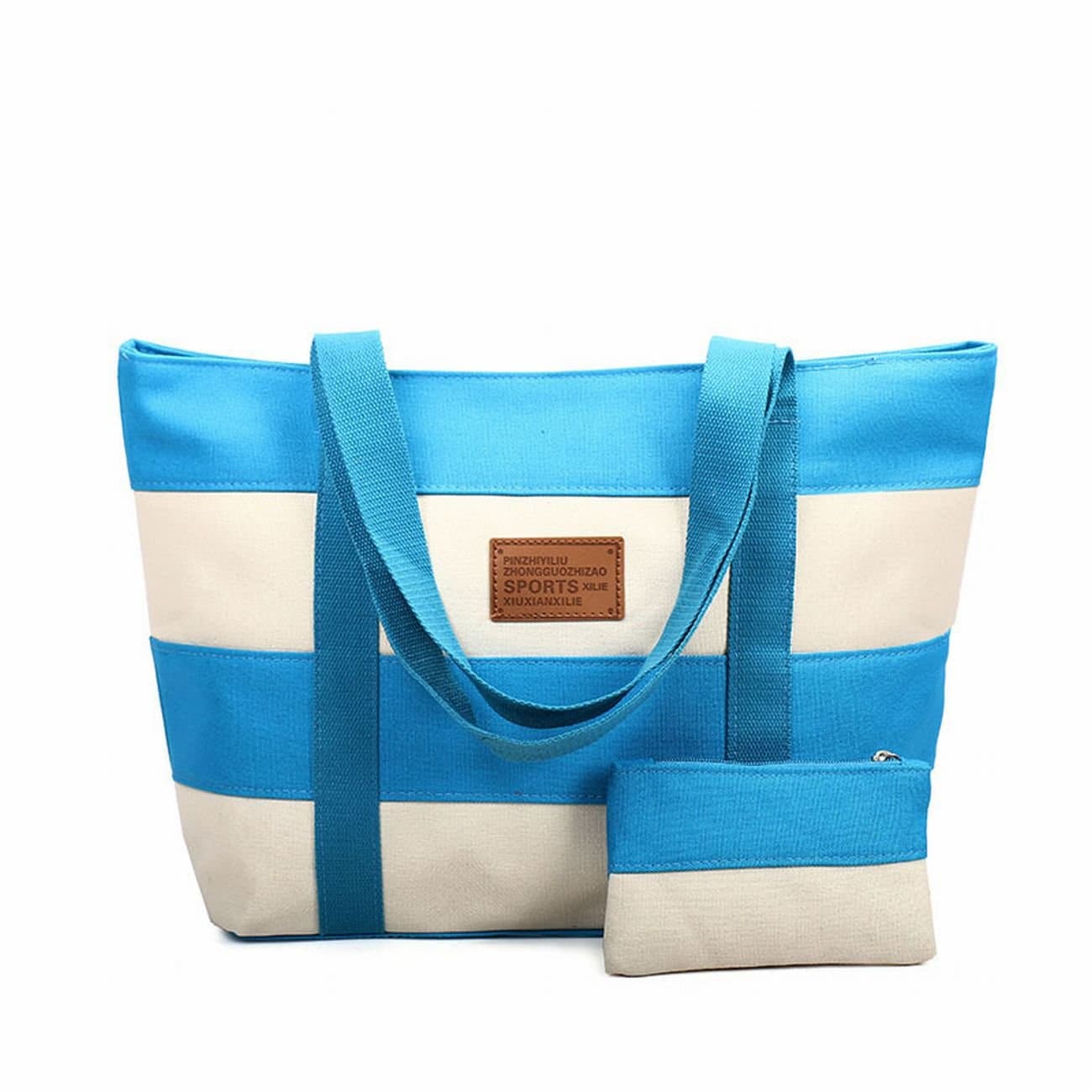 SELECTIA Heavy Duty Durable Cotton Canvas Tote Shoulder Bag Two tone Stripes Contrast Color Washable with zipper closures for work for school grocery gym green grey heavy duty handbag 14 (Sky Blue)