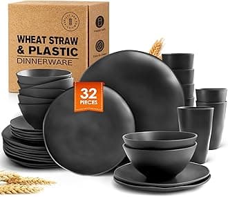 Teivio 32-Piece Kitchen Plastic Wheat Straw Dinnerware Set, Service for 8, Dinner Plates, Dessert Plate, Cereal Bowls, Cups, Unbreakable Plastic Outdoor Camping Dishes, Black Matte