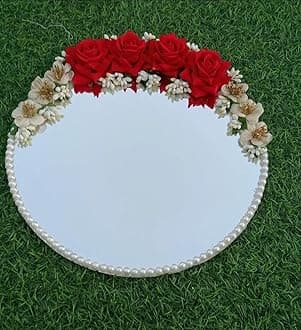 4 YOU Stock Holderz Round Nikah Mirror with Crafted for Bride and Groom, Qubool Hai Pen, Decorative Wedding Gift (Red-White Rose)