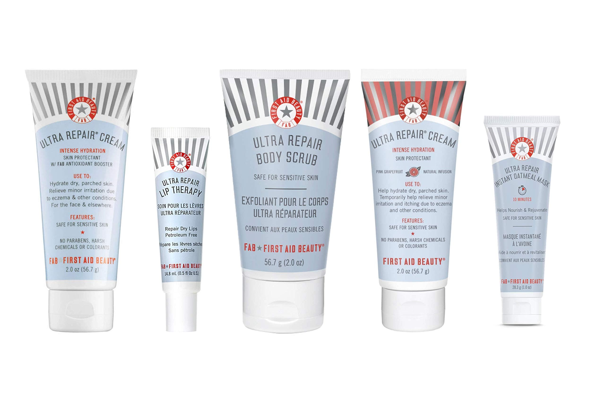 First Aid Beauty Discovery Kit: 5 Piece Limited Edition Set. Hydrating and Repairing Gift Set with Ultra Repair: Cream, Lip Therapy, Instant Oatmeal Mask, Body Scrub, Grapefruit Cream