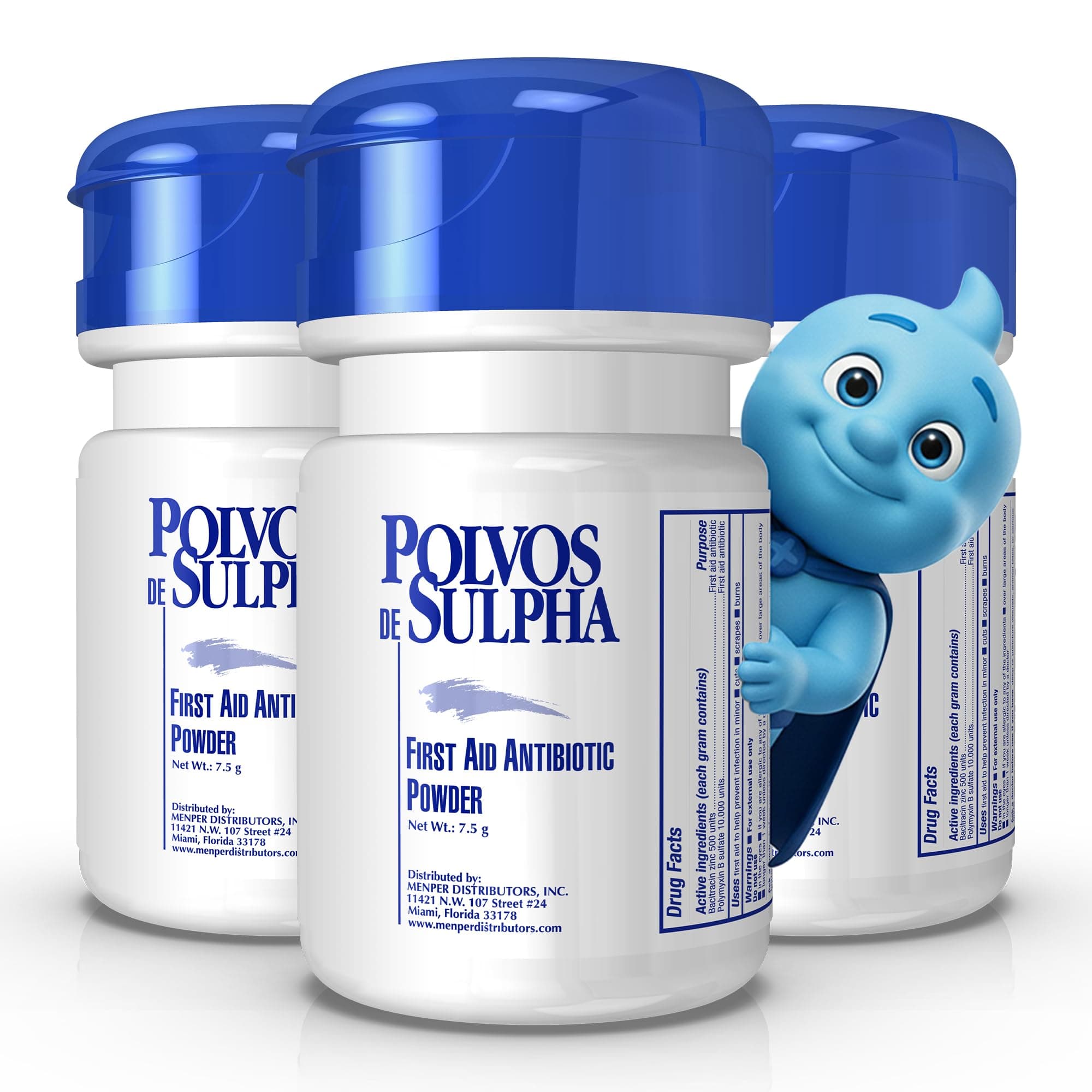 Polvos de Sulpha Antibiotic First Aid Powder. for Minor Cuts, Scrapes and Burns. Prevents Wound Infection. 0.90 Oz / 7.5 g. Pack of 3