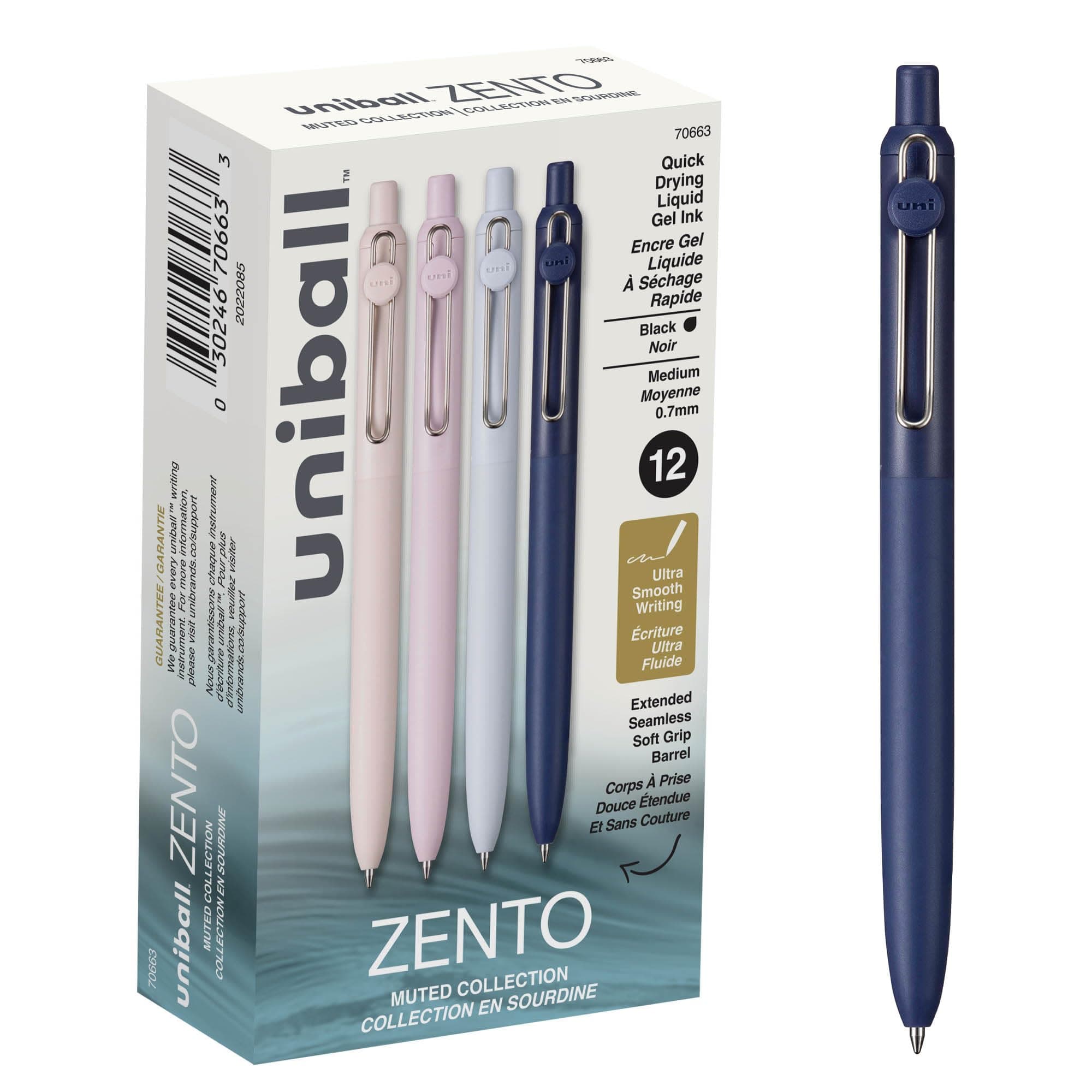 uniball Zento Liquid Gel Ink Retractable Pens, Medium Point (0.7mm), Muted Barrels, Black Ink, Dozen