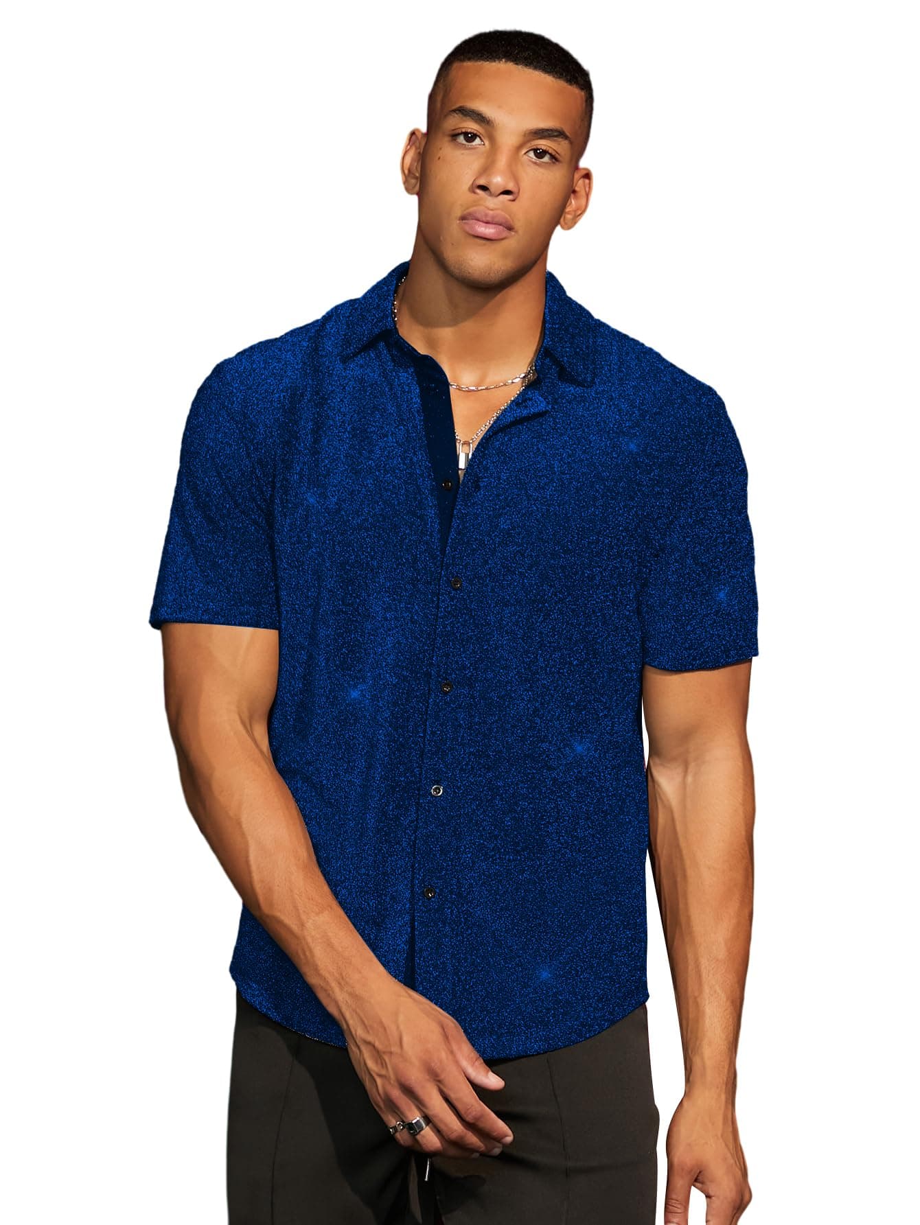 WDIRARA Men's Button Front Short Sleeve Collar Glitter Shirt Metallic Party Club Tops