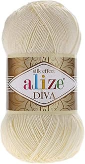 Alize Diva Silk Effect 100% Microfiber Acrylic Sport Yarn 1 Ball skeins 100gr 383yds Color (1 - Cream)