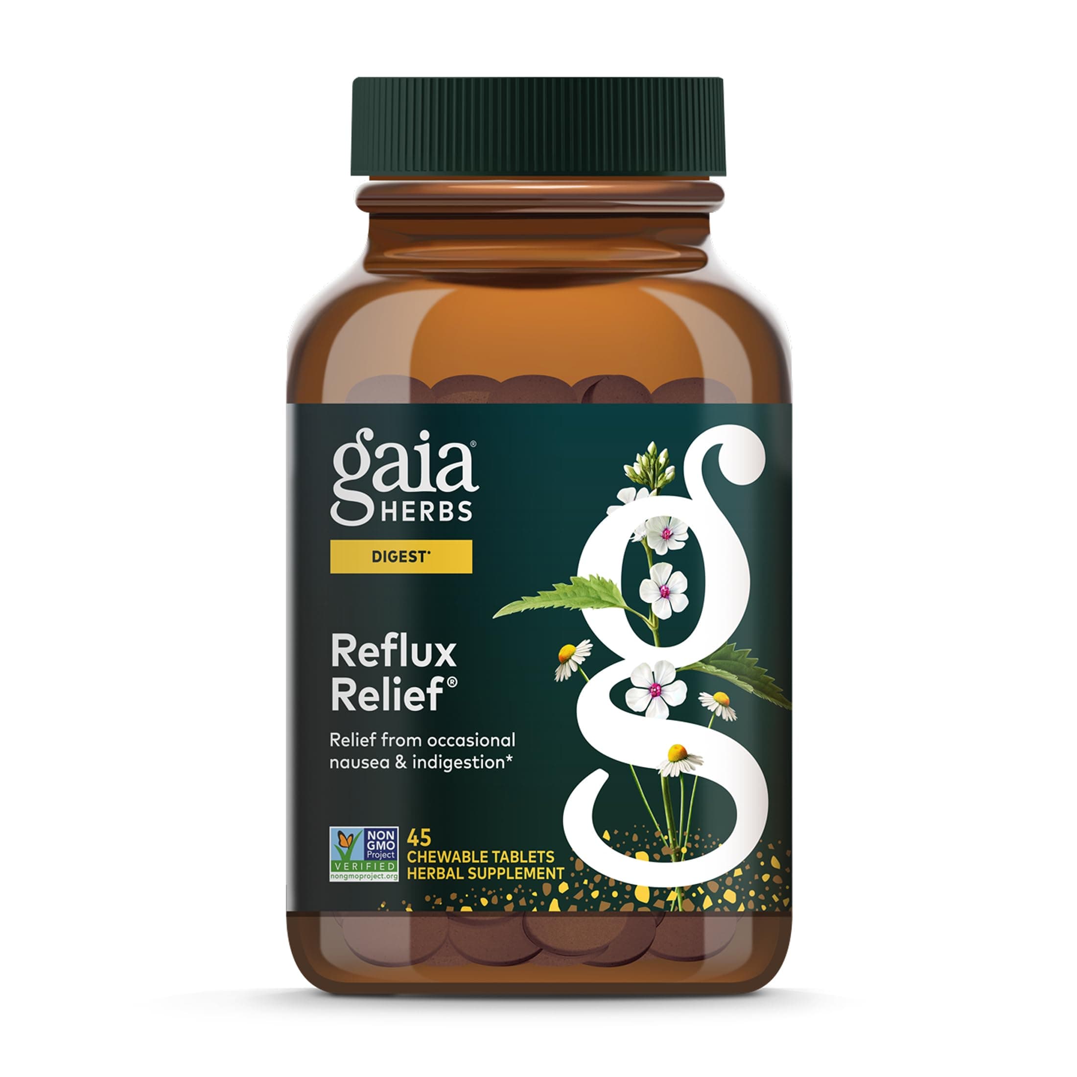 Gaia Herbs Reflux Relief - with Marshmallow Root, Chamomile, Aloe, Licorice, and High Mallow - Helps with Occasional Heartburn and Relieve Indigestion - 45 Chewable Tablets (45-Day Supply)